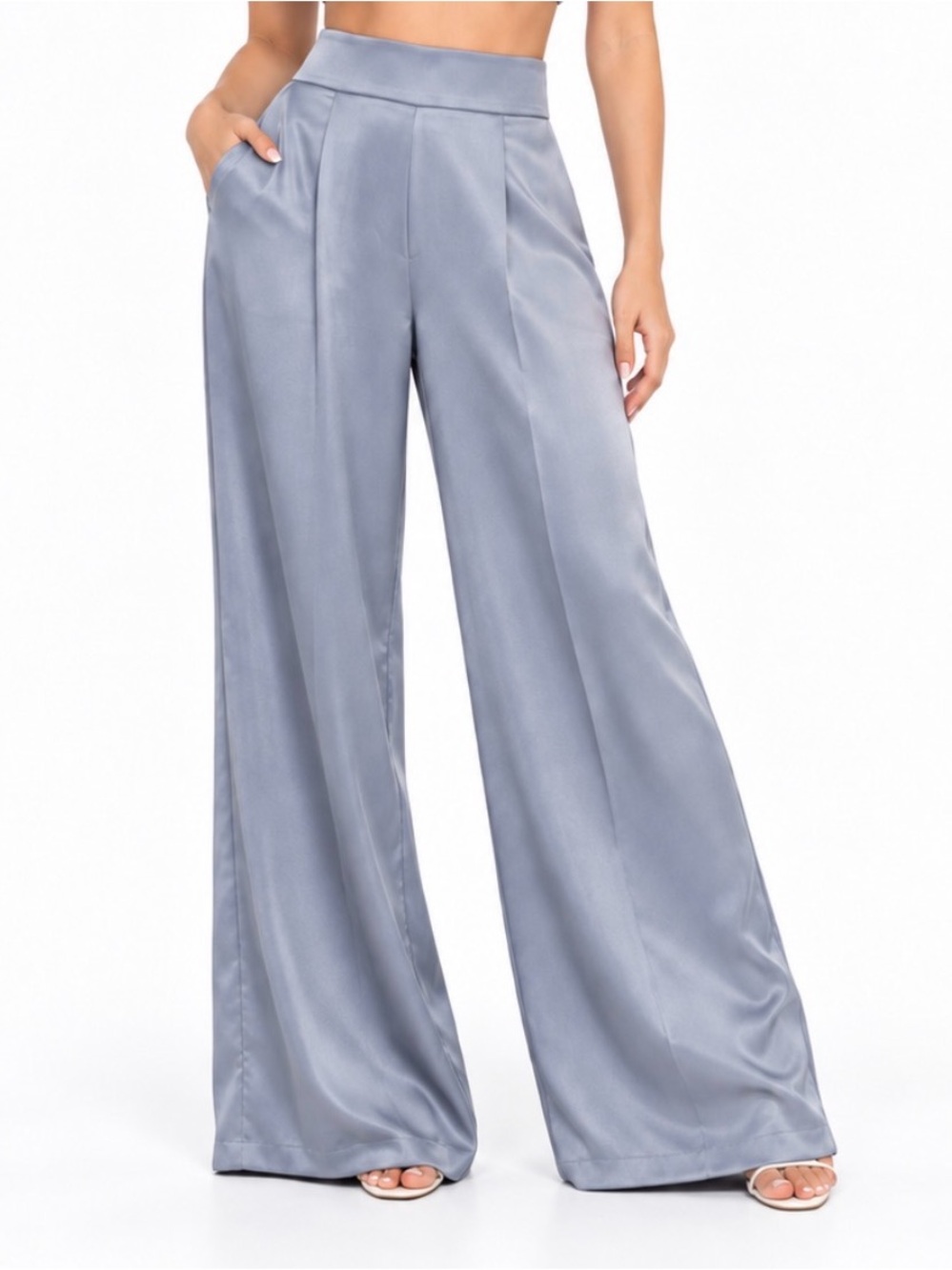 Wide Leg Women’s Satin Flowy Pants - Light Steel Slate Blue Size Medium